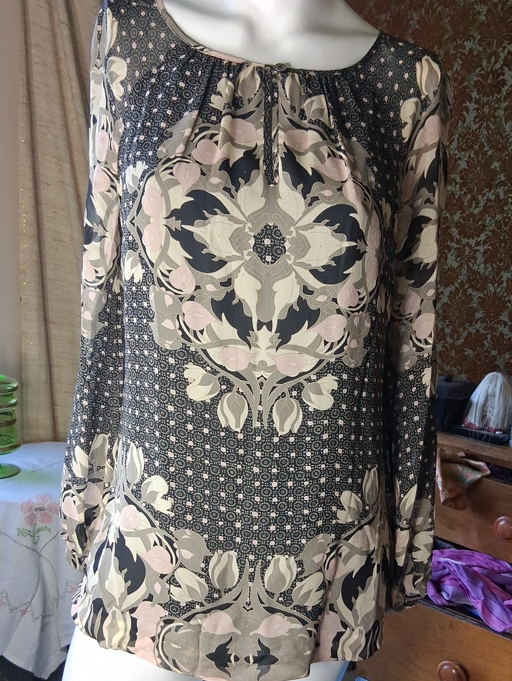 Tory Burch Silk Floral Print Peasant Blouse S